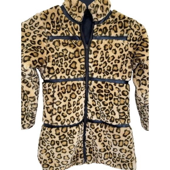 Leopard Print Faux Fur Jacket With Zipper & Black Leather Trim For Women Size S - Picture 2 of 10